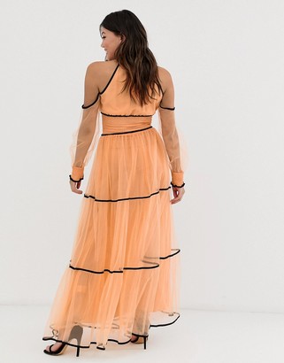 True Decadence premium off shoulder maxi dress with contrast trim in apricot