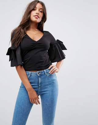 ASOS Top With V Neck With Three Quarter Pretty Bow & Bell Sleeve