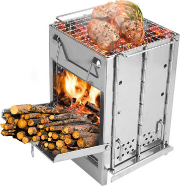 EvoNet 1 Unit Collapsible Camping Wood Burning Stove With Grill - Portable Stainless Steel Campfire Stove |multi-fuel (wood/leaves/coal) | Ideal For Camping/