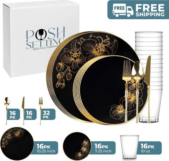 Posh Setting PoshSetting112PieceBlackAndGoldPlasticPartyBundle-Orchid(16Settings)
