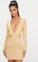 Thumbnail for your product : PrettyLittleThing Gold Ribbed Long Sleeve Plunge Bodycon Dress