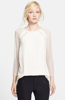 Thumbnail for your product : Rebecca Taylor Lace Sleeve Silk Trim Crepe Top