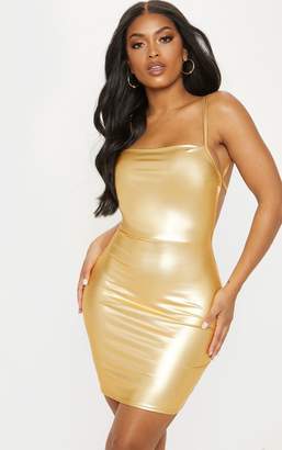 PrettyLittleThing Shape Gold Metallic Halterneck Drape Bodycon Dress