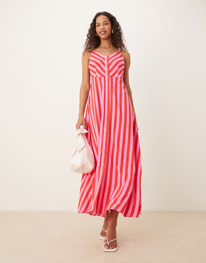 Y.A.S button front cami maxi dress in pink and red stripe