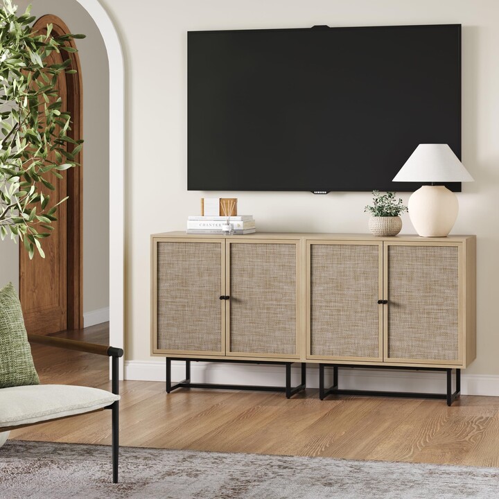 Nathan James Kova Rattan Wood Accent Sideboard Storage Cabinet TV Stand with Matte Metal Frame