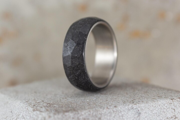 Etsy Hammered Titanium Ring Black Concrete Inlay Alternative Wedding Band. | 00703 8N