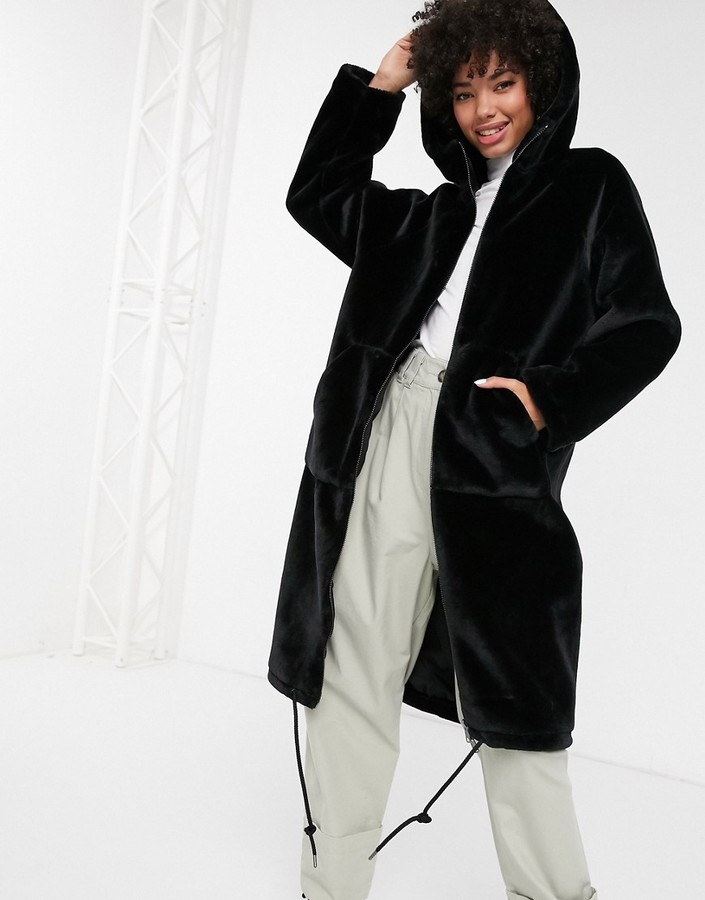 Monki faux fur hooded midi coat in black - ShopStyle Clothes and Shoes
