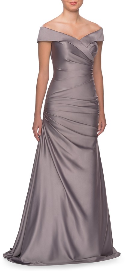 off shoulder silver gown