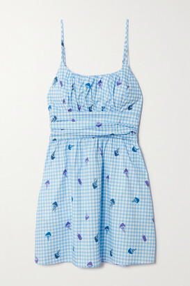 HVN Gathered Printed Stretch-cotton Poplin Mini Dress - Blue