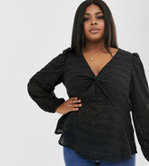Thumbnail for your product : ASOS DESIGN Curve long sleeve v neck broderie top with twist front detail