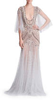 Marchesa Cape-Sleeve Embellished Tulle Evening Gown with Necklace Embroidery