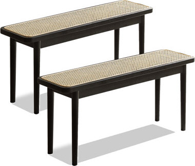 Corrigan Studio set of 2 Midcentury Modern Solid Wood Bench with Rattan Woven Top - End of Bed Bench for Bedroom, Dining Bench for Kitchen, Entryway Bench for Entry W