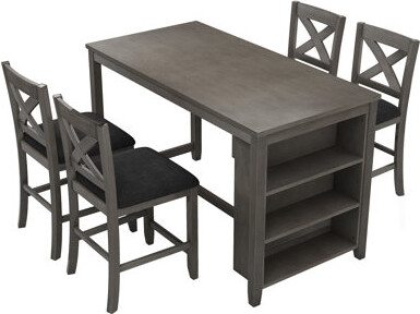 39F inc Counter Height Breakroom Table Set with 4 Upholstered Chairs and Storage Shelves – 5-Piece