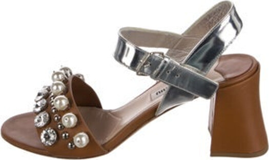 Miu Miu Leather Slingback Sandals Brown Colorblock Pattern Faux Pearl Accents Studded & Crystal Accents Straps & Buckle Closure at Ankles Unfortunately, due to restrictions, this item may not be eligible for shipping in all areas.