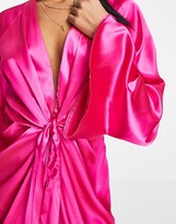 Thumbnail for your product : In The Style x Perrie Sian exclusive knot front shirt dress in pink