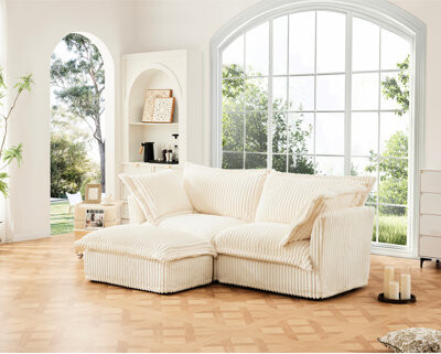 Ophelia & Co. Slipcovered 2 Seater With  Cream Corduroy Detachable Cover Soothing Pillows Deep Seat Quality Construction Couch Corduroy Slipcover Fluffy Elega