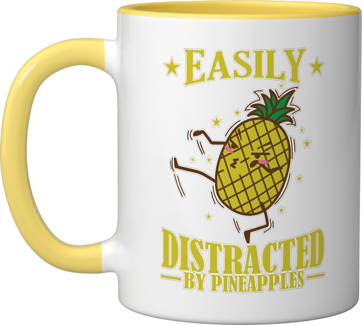 Pineapple fruit tropical yummi sweet juicy pulp Easily Distracted by Pineapples Ceramic Mug, Yellow/White