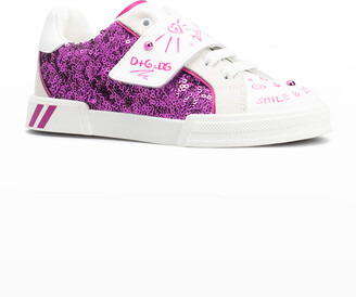 Dolce & Gabbana Girl's Glitter Graffiti Logo Low-Top Sneakers, Kids