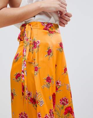 ASOS Design Satin Wrap Midi Skirt In Floral Print