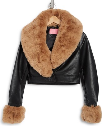 JESPER Womens Faux Leather Short Jacket Moto Jacket with Faux Fur Collar Lambskin Leather Fall Jacket with Fox Fur Trim 