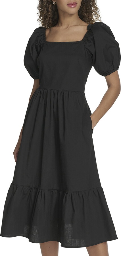 Falling Flowers Women’s Cotton Square Neck Puff Sleeve Flounce Tiered Midi Dress, Sizes XS-XL