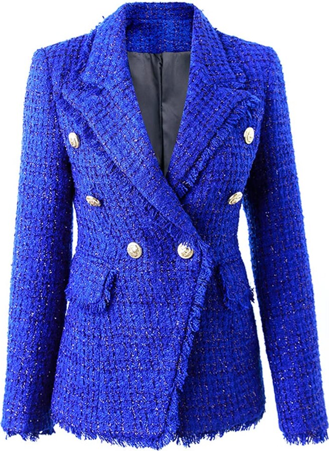 HEYDHSDC Winter Thick Fabric Tweed Royal Blue Jackets for Women Lady