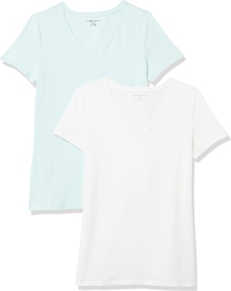 Amazon Essentials Women's 2-Pack V-Neck Classic-Fit Short-Sleeve Tee Shirt Aqua/White X-Large