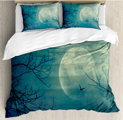 Ambesonne Horror House Halloween with Full Moon in Sky and Dead Tree Branches Evil Haunted Forest Duvet Cover Set