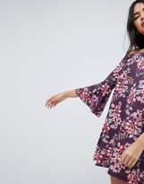 Thumbnail for your product : ASOS Design Off Shoulder Mini Dress With Trumpet Sleeve In Floral Print