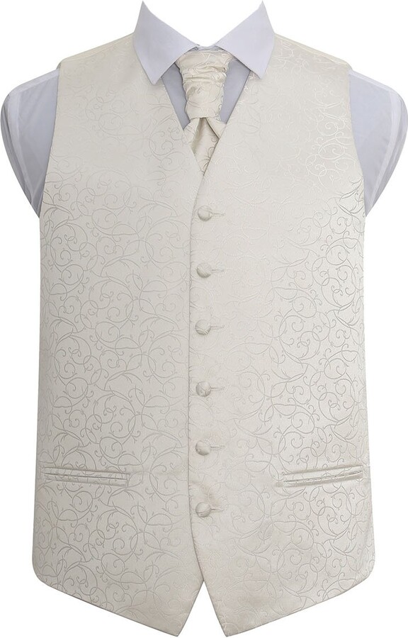 DQT Swirl Patterned Men's Wedding Waistcoat Cravat Ivory 50
