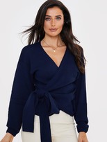 Thumbnail for your product : In The Style X Lorna Luxe 'But First' Wrap Cardigan - Navy