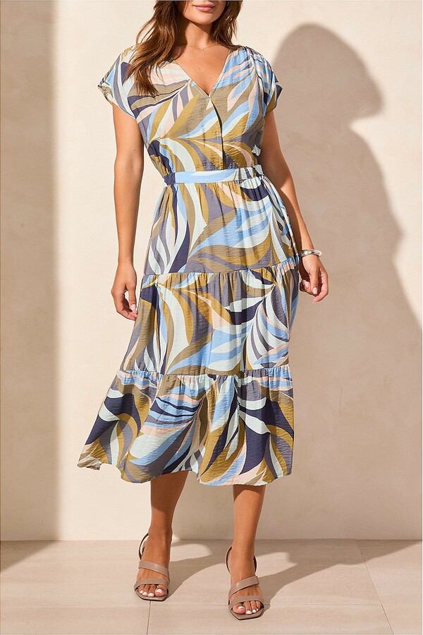 Tiered Short-Sleeve V-Neck Dress