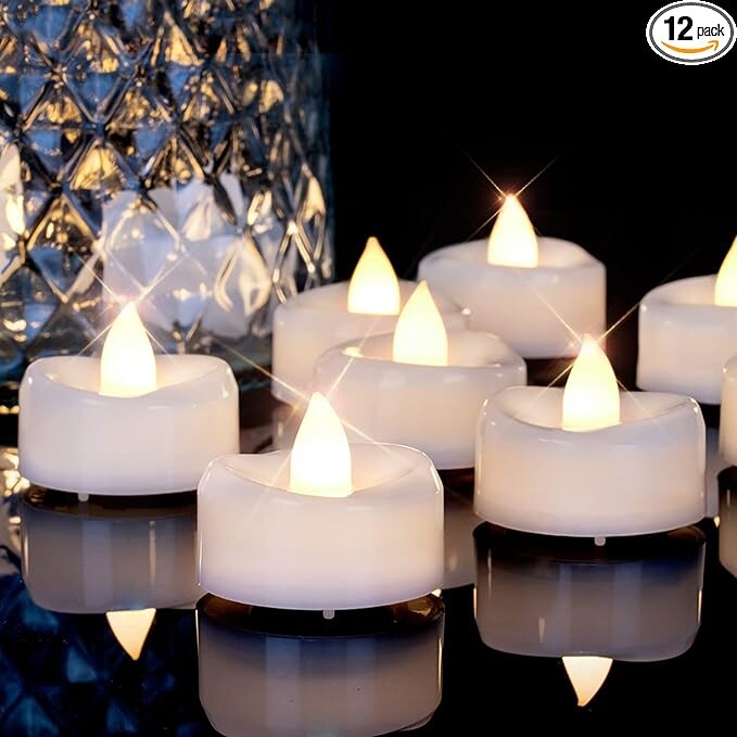 merrynights Flameless Candles, 12Pack Timer Fake Candles, LED Tea Lights Candles, Battery Operated Candles with 6 Hours Timer Auto for Halloween Christmas Wedding Decor-1.5'' D X 1.25'' H, Warm White