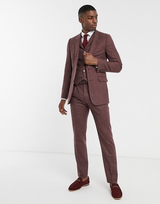 ASOS DESIGN slim suit jacket in burgundy and grey 100% lambswool puppytooth