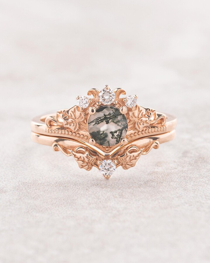 Etsy Natural Moss Agate Ring Set, Elvish Style Rings