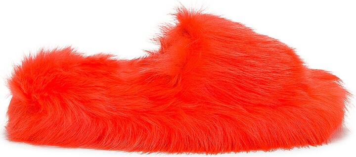 Bottega Veneta Shearling Resort Slides in Tangerine