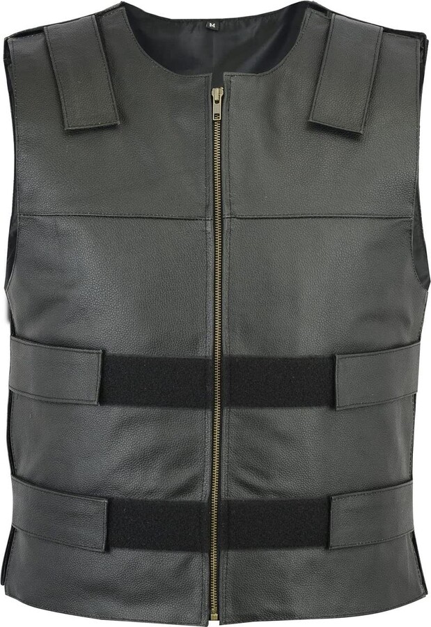 OHO Men's Bulletproof Style Leather Motorcycle SWAT Club Vest Concealed
