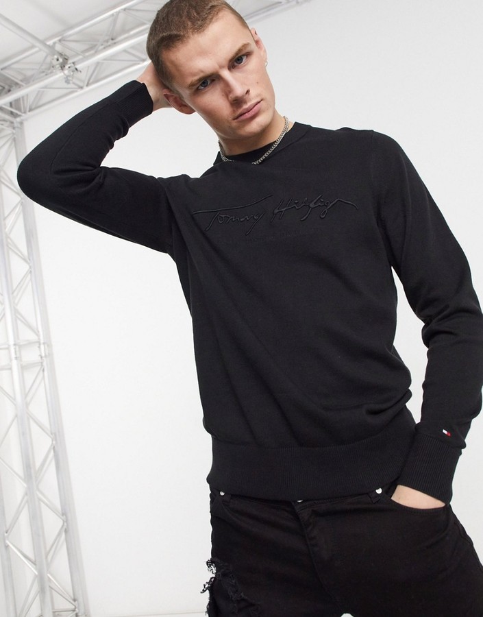 Tommy Hilfiger tonal autograph logo embroidery knit sweater in black ...