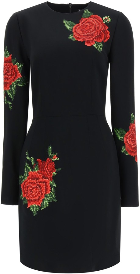 dolce and gabbana black dress with red roses