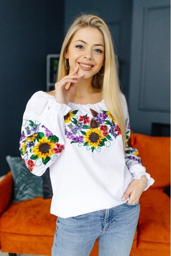 S-4xl White Ukrainian Blouse With Sunflowers & Wildflowers