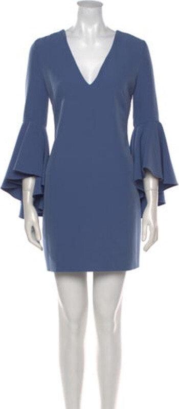 Milly Sheath Dress Blue Ruffle & Keyhole Accents Three-Quarter Sleeve with V-Neck Button Closure at Back Designer