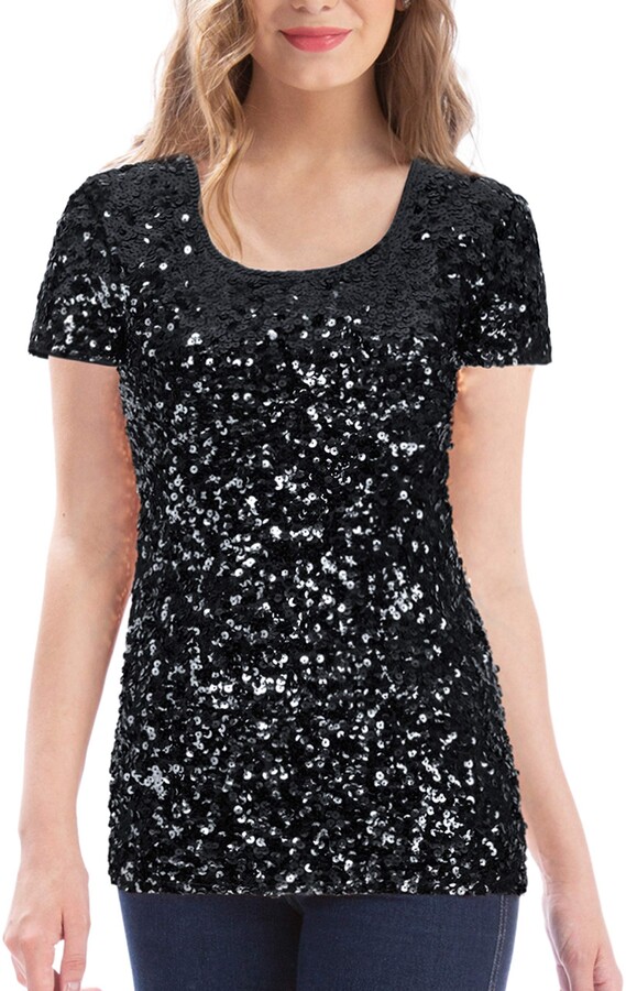 MANER Womens Full Sequin Tops Glitter Party Shirt Short Sleeve Sparkle  Blouses S-3X (Black S/US 4-6) - ShopStyle