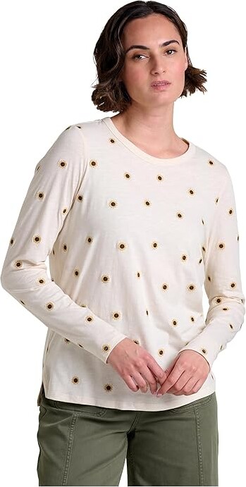 Toad&Co Primo Long Sleeve Crew Embroidered Women's T Shirt Salt Sunflower Embroidery : LG, Cotton