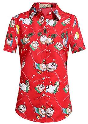 SSLR Women's Santa Tropical Button Down Short Sleeve Casual Hawaiian Shirt