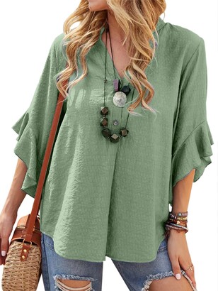 Celmia Women Casual Baggy Tops Ladies Solid Plain Button Blouses V Neck 3/4  Sleeve T-Shirt Tunic A-Green M - ShopStyle