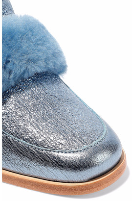 Loeffler Randall Greta Shearling-trimmed Metallic Cracked-leather Loafers