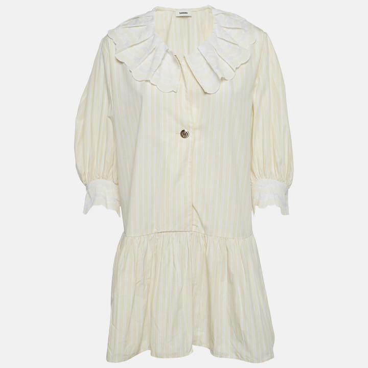 Sandro Cream Cotton Striped Cotton Pleated Collar Short Dress L