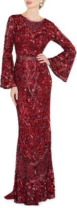 Mac Duggal Sequin Bell-Sleeve Column Gown with Open Back