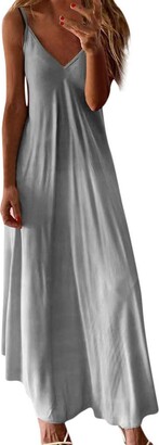Hink Dresses for Women UK Wedding Guest Casual Sleeveless Camisole V-neck Print Maxi Tank Long Womens Dress Summer Plus Size Gray XXL