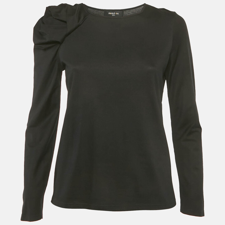 Paule Ka Black Cotton Ruched Sleeve Top L